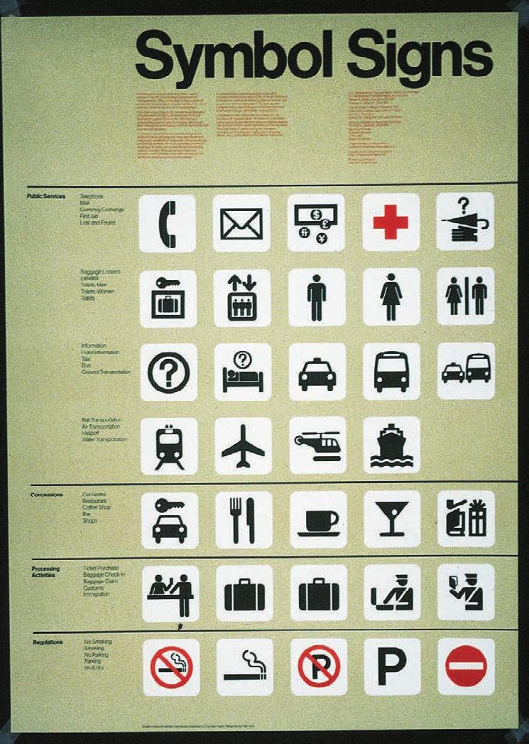 Transportation signage symbols 427 20 42 Typography is restricted to Helvetica and Times Roman in a limited number of sizes and weights.