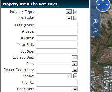 Property Use & Characteristics - specify property use and characteristic information Property Type type of property Use Code properties use code (only available if a single county is selected)