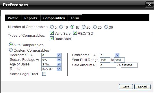 comparables that will be returned with your property profiles Farm set the total number of records you would like