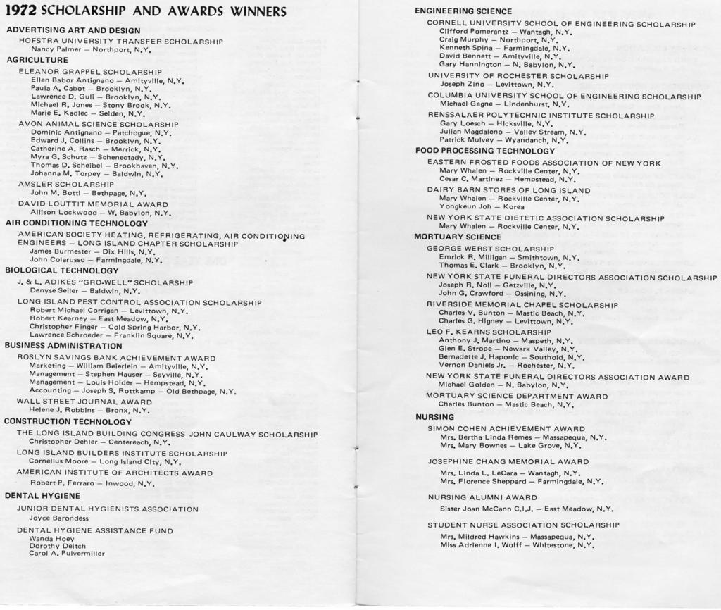 1972 SCHOLARSHIP AND AWARDS WINNERS ADVERTISING ART AND DESIGN HOFSTRA UNIVERSITY TRANSFER SCHOLARSHIP Nancy Palmer Northport, N.Y. AGRICULTURE ELEANOR GRAPPEL SCHOLARSHIP Ellen Babor Antignano Amityville, N.