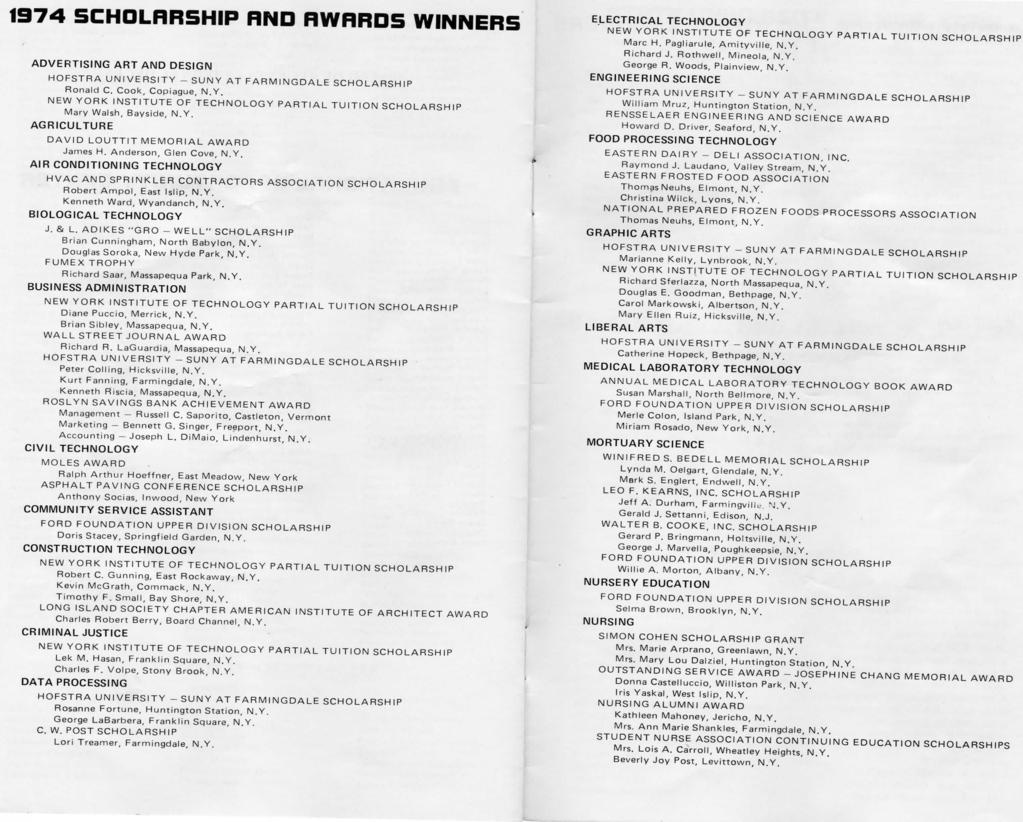 1974 5CHOLRRSHIP RND RWRRD5 WINNERS ADVERTISING ART AND DESIGN HOFSTRA UNIVERSITY -SUNY AT FARMINGDALE SCHOLARSHIP Ronald C. Cook, Copiague, N.Y. NEW YORK INSTITUTE OF TECHNOLOGY PARTIAL TUITION SCHOLARSHIP Mary Walsh, Bayside, N.