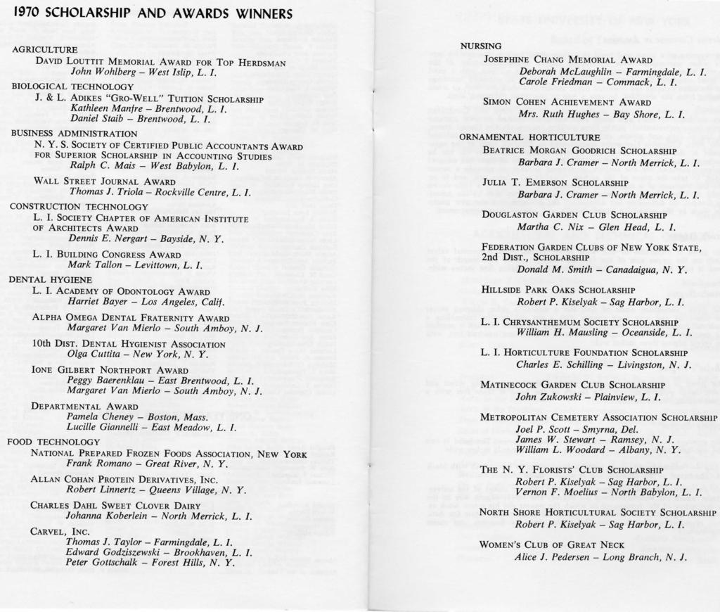 1970 SCHOLARSHIP AND AWARDS WINNERS AGRICULTURE DAVID LOUTTIT MEMORIAL AWARD FOR TOP HERDSMAN John Wohlberg - West Islip, L. I. BIOLOGICAL TECHNOLOGY J. & L.