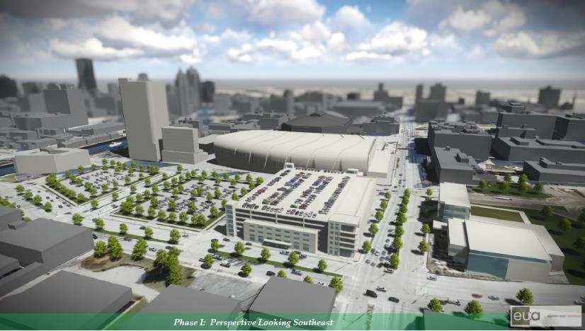 PHASE I (2015-2017) contemplates the development of Blocks 1 and 2 and the creation of temporary surface parking lots on Blocks 4 and 7 (to be used as a construction staging area during arena
