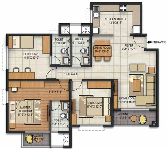Key Plan Key Plan 3 BEDROOMS + 3 TOILETS TYPE 1 1580 SQ.FT. D-327 to 1527, D-328 to 1528.