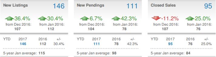 Analysis by Housing Segment Single-Family Detached The 95 detached homes sold in January soared 25.0 percent above the same measure in January 2016.