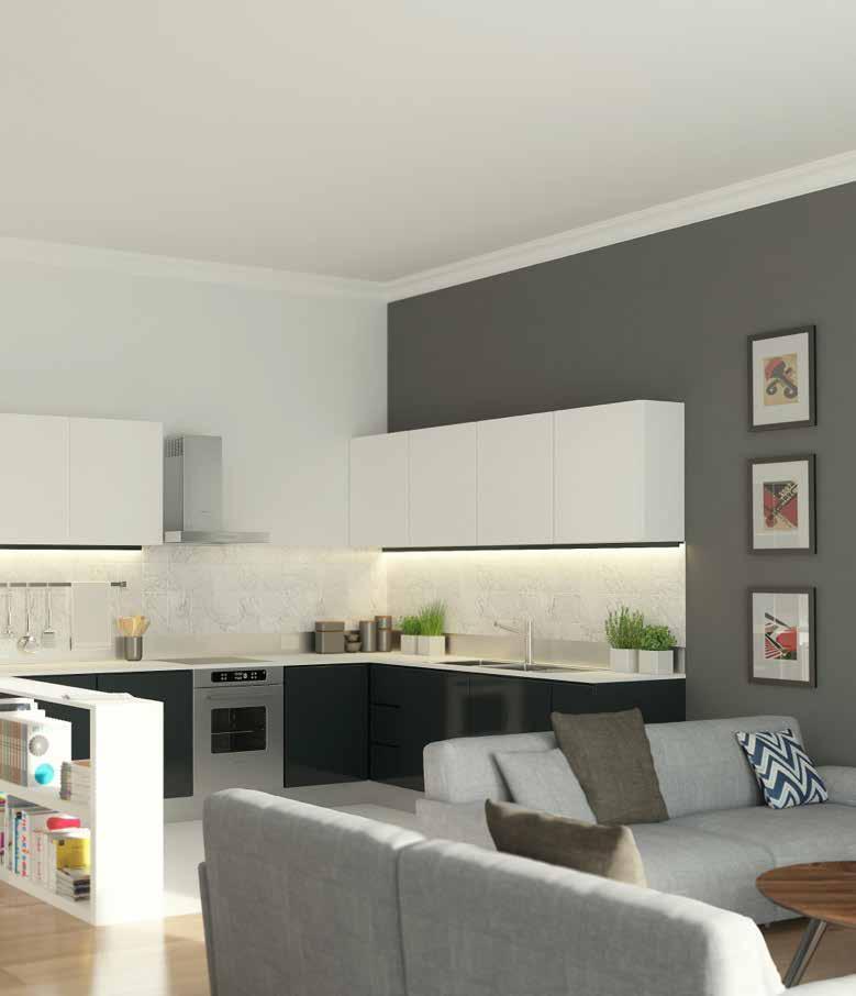 Kitchen / living area for ground and first floor apartments APARTMENT ESSENTIALS KITCHEN: Contemporary designer kitchen with soft close doors and drawers Integrated branded appliances, oven, hob,