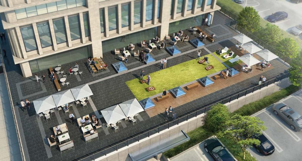 Outdoor plaza above Concourse level Building Amenities Enhanced plaza with seating areas - Synthetic grass lawn - Wood deck - Power and wi-fi for outdoor work on Plaza Indoor bike parking Tenant