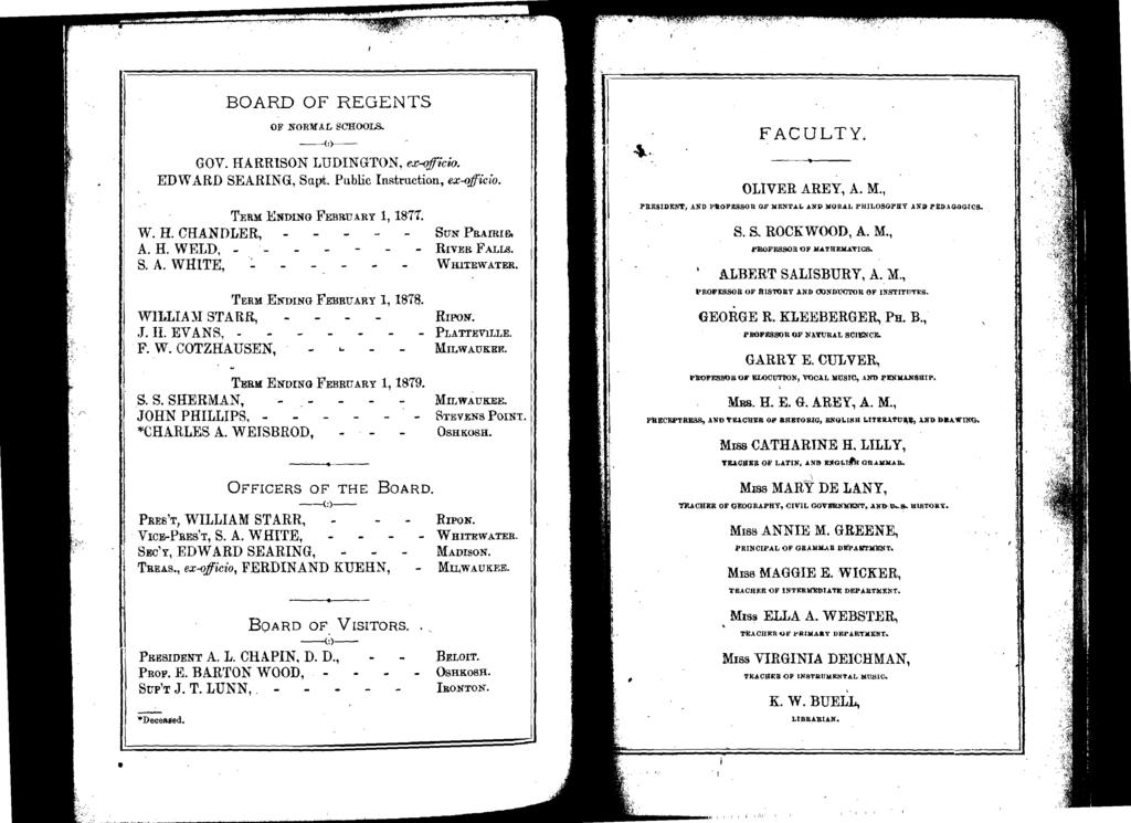 BOARD OF REGENTS OF NORMAL SCHOOLS. --(:)-- GOV. HARRSON LUDNGTON. ex-qfficio. EDWARD SEARNG, Supt. Public nstruction, ex-(jijicio. TERM: 1'1NDNG FEBRUARY 1, 1871. W. H. CHANDLER, A.