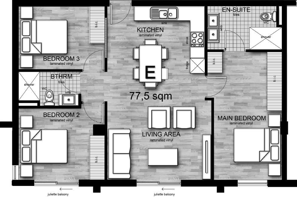 UNIT TYPE E Three Bedroom Two Bathroom - main bedroom with en suite 77,5 m2 internal space Juliette balcony in