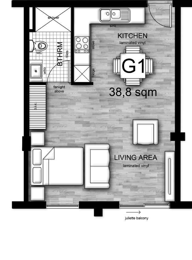 UNIT TYPE G1 Studio apartment One Bathroom 38,8 m2 internal space Juliette