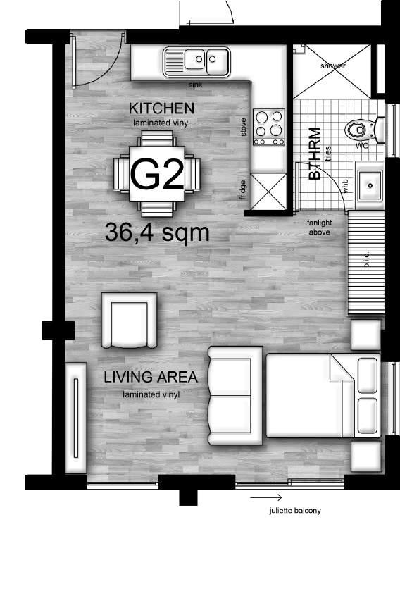 UNIT TYPE G2 Studio apartment One Bathroom 36,4 m2 internal space Additional window in bathroom and
