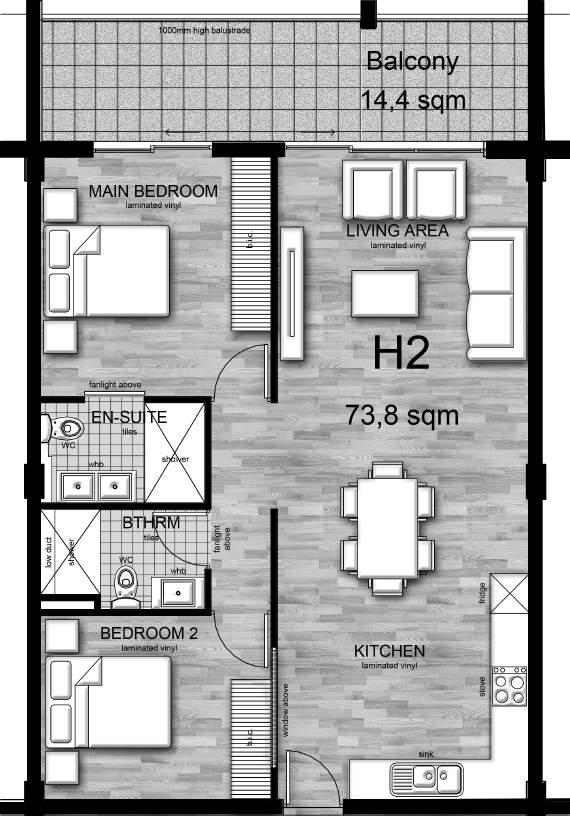 UNIT TYPE H2 Two Bedroom Two Bathroom - main bedroom with en suite 73,8 m2 internal