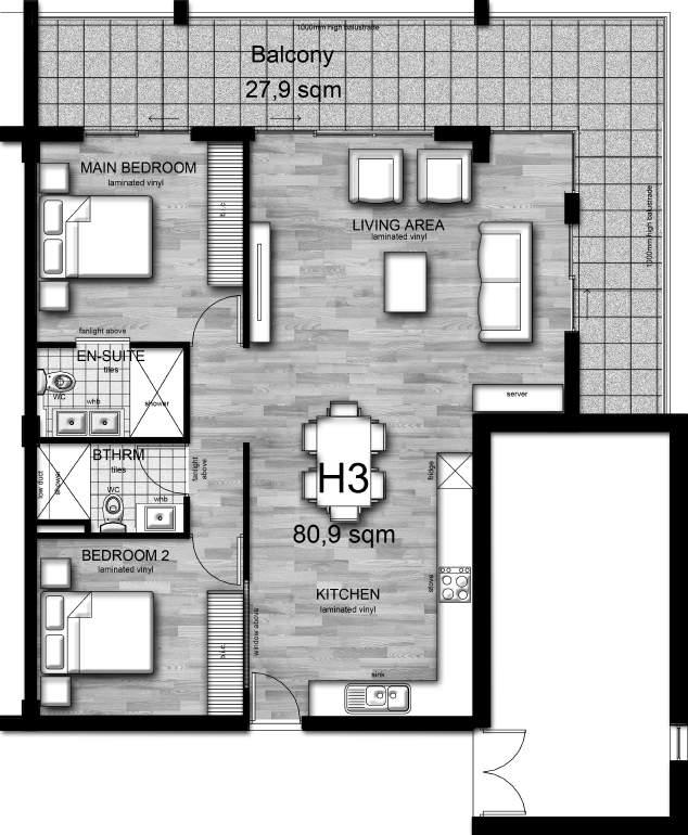 UNIT TYPE H3 Two Bedroom Two Bathroom - main bedroom with en suite 80,9 m2 internal space 27,9 m2 wrap around covered