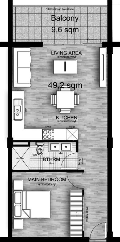 UNIT TYPE I One bedroom One Bathroom 49,2 m2 internal space 9,6 m2