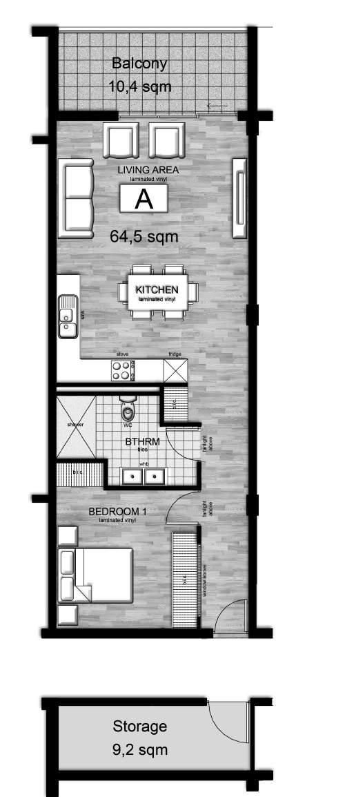 UNIT TYPE A One Bedroom One Bathroom 64,5 m2 internal space 9,6 m2 covered balcony 9,2 m2