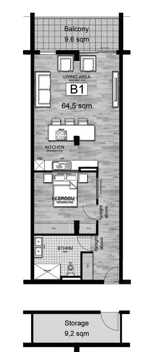 UNIT TYPE B1 One Bedroom One Bathroom 64,5 m2 internal space 9,6 m2 covered balcony 9,2 m2