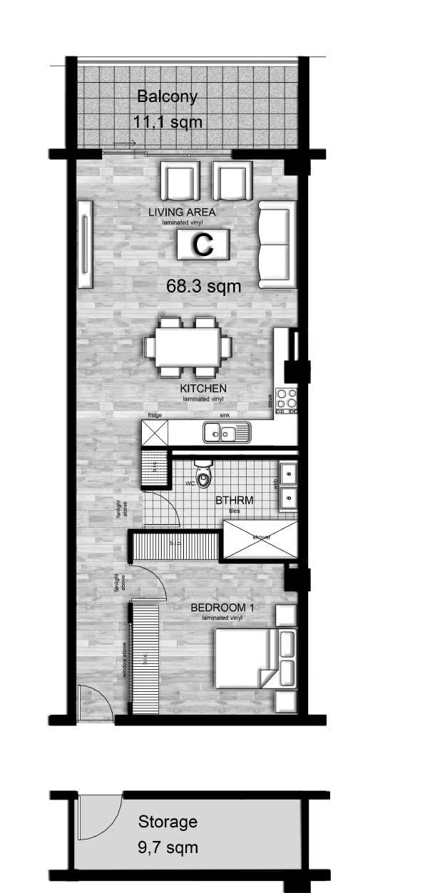 UNIT TYPE C One Bedroom One Bathroom 68,3 m2 internal space 11,1 m2 covered