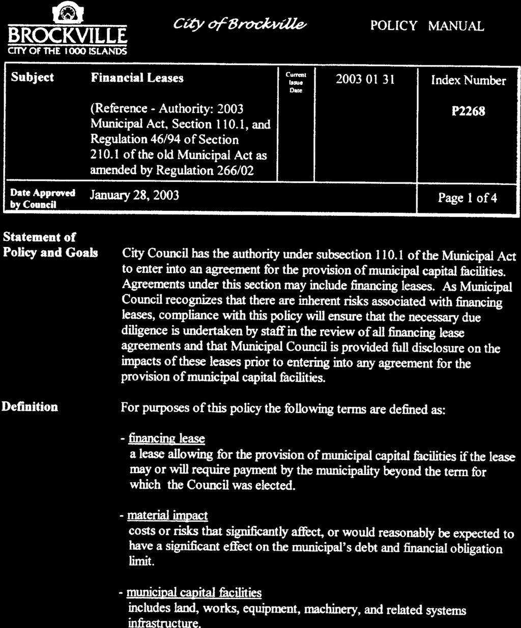 Attachment #1 to Report 2011-031-03 BROCKVILLE crr OF THE I 000 ISLANDS Cay o/8rc ckvti1e POLICY?