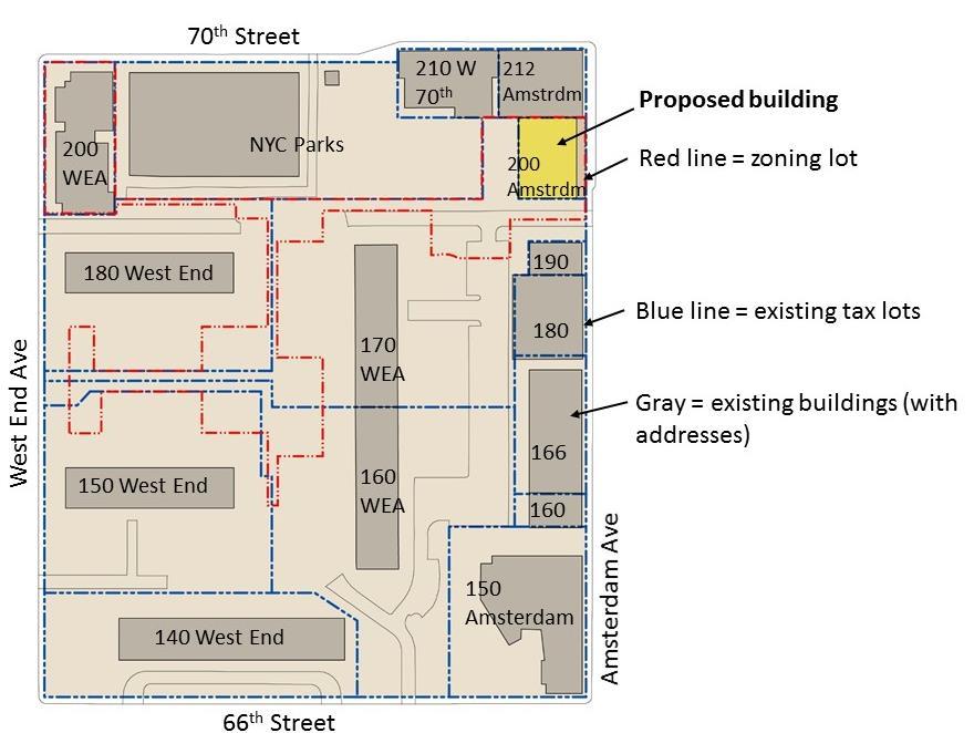 3 Plan of block 1158 with existing buildings, street addresses, tax and zoning lot lines Proposal compliance The ZD1 only shows some measures necessary to demonstrate zoning compliance: the building
