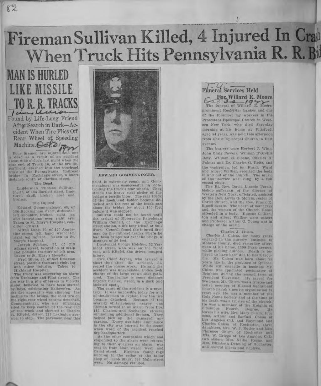 - (S a- Central Lbrary of Rochester and Monroe County Hstorc Scrapbooks Collecton Freman Sullvan MAN S HURLED LKE MSSLE 4 njured n Cras sylvana R R Bd Funeral Servces Held Moore ^>^ The funeral of