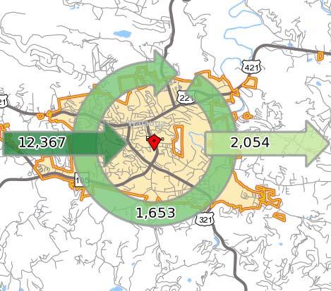 G. COMMUTING PATTERNS An estimated 14,020 people work in the town of Boone. Of these, 1,653 live in Boone and commute locally.