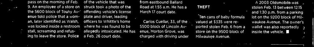 Carlos Cuellar, 33, of the 5500 block of Lincoln Avenue, Morton Grove, was charged with driving under the influence on Feb.
