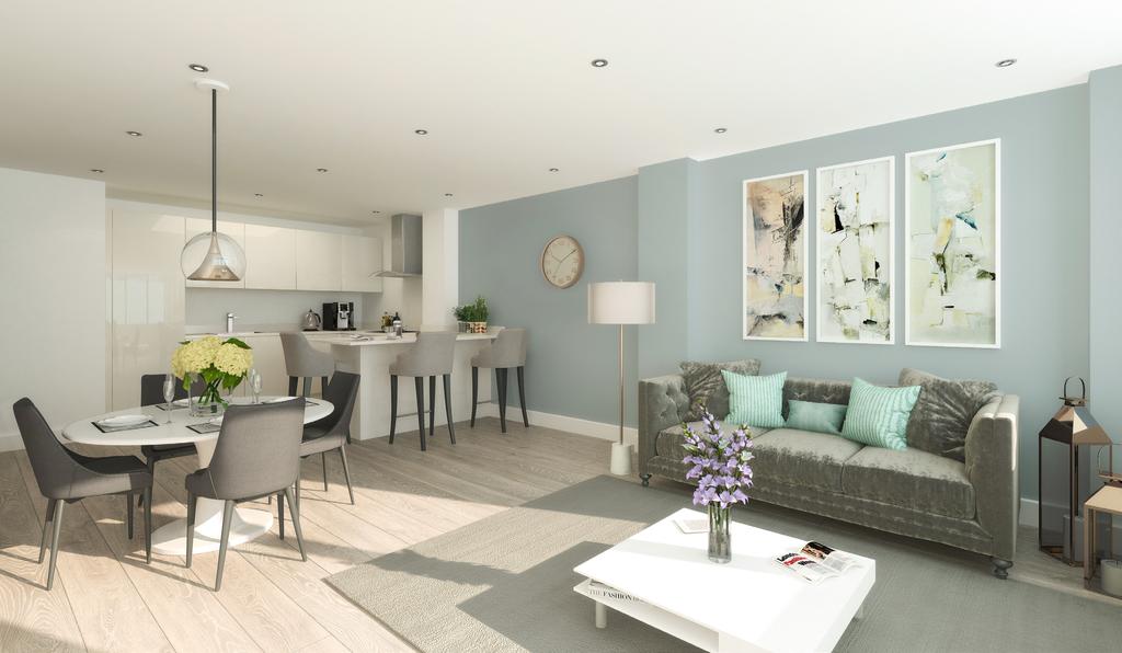 DESIGN Sociable, open-plan living and kitchen spaces are complemented by stylish glossy kitchens with fully integrated appliances and white stone worktops to keep the look clean-lined and
