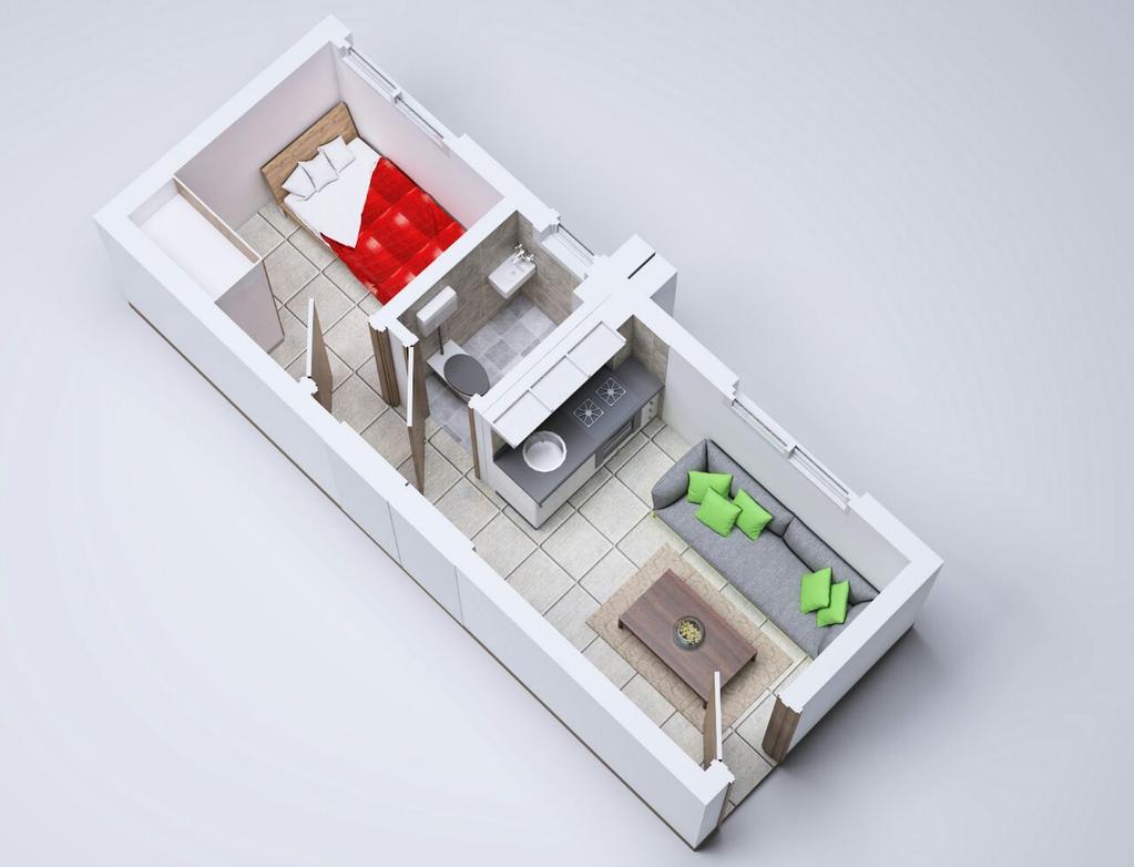 1 BEDROOM APARTMENT (TYPE A) Area: 227 sq ft Special Features Import quality Kitchen & Wardrobes Fitted Kitchen - Countertop 2-burner, mini fridge, & microwave BUILT-IN!