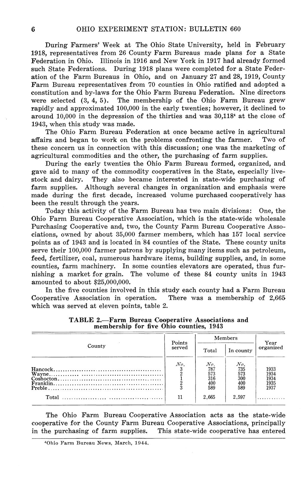 6 OHIO EXPERIMENT STATION: BULLETIN 660 During Farmers' Week at The Ohio State University, held in February 1918, representatives from 26 County Farm Bureaus made plans for a State Federation in Ohio.