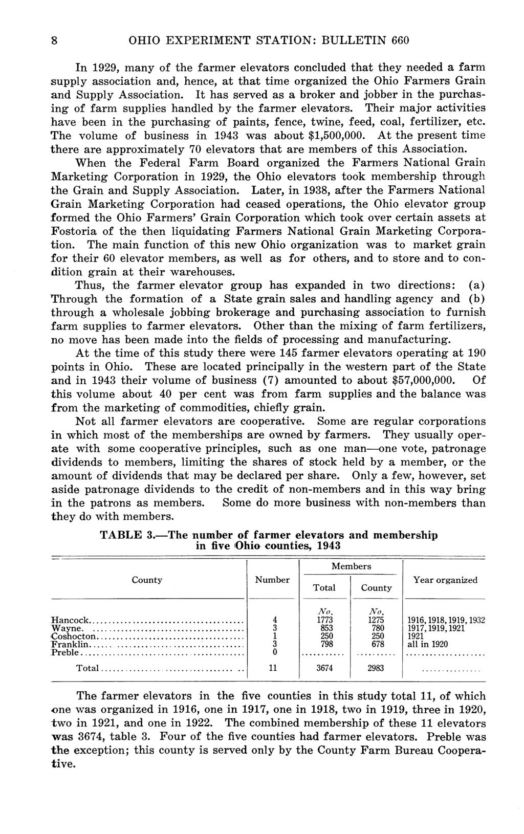 8 OHIO EXPERIMENT STATION: BULLETIN 660 In 1929, many of the farmer elevators concluded that they needed a farm supply association and, hence, at that time organized the Ohio Farmers Grain and Supply