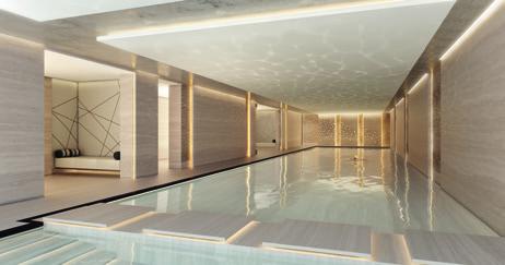 features an infinity pool, gym and