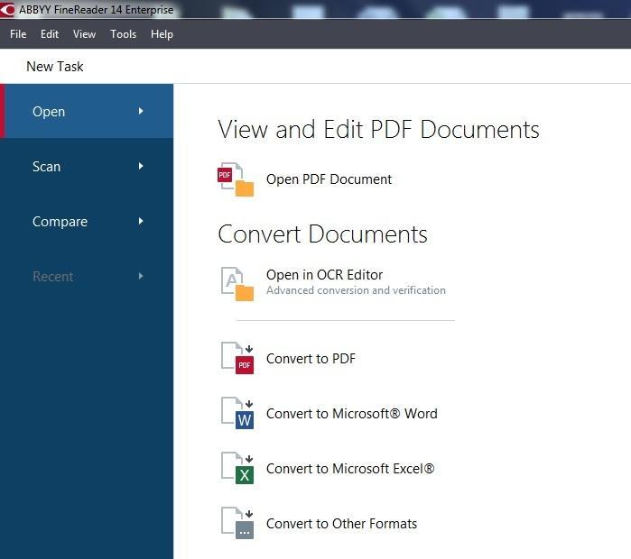 20 pav. Programos ABBYY FineReader pradinis funkcijų meniu Pasirinkus PDF formato dokumento atidarymo funkciją (angl.