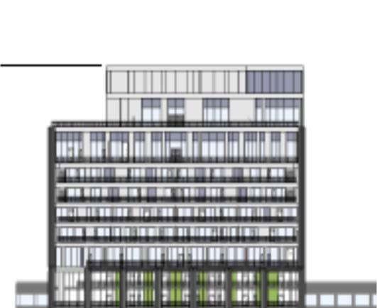 117) The developer proposes to differentiate the top with color changes and a large area of spandrel glass.