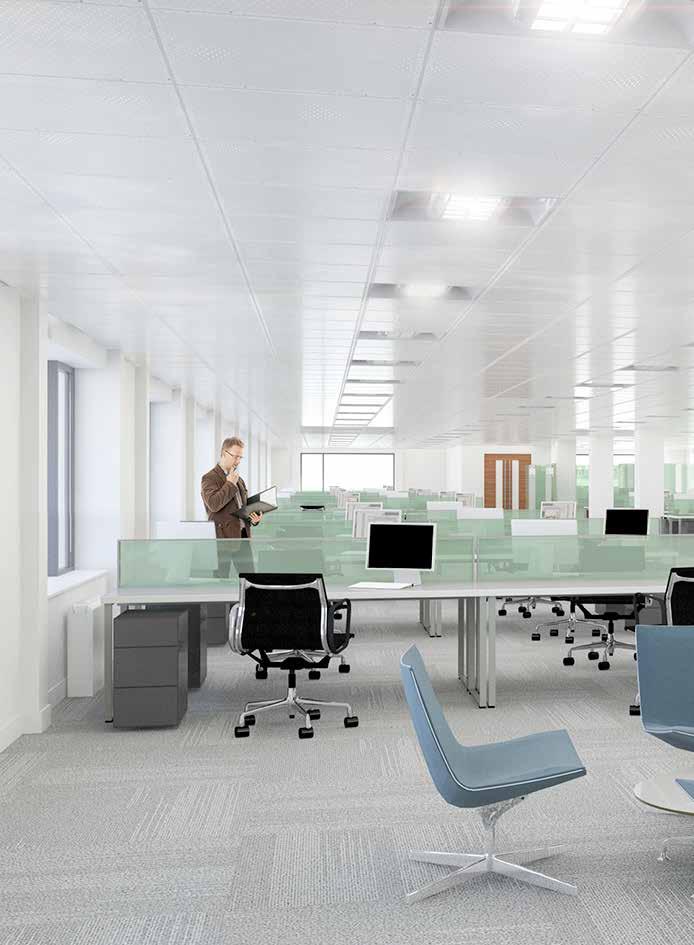 Adaptable and Efficient Work Space New suspended ceilings finished with powder coated perforated metal ceiling tiles.