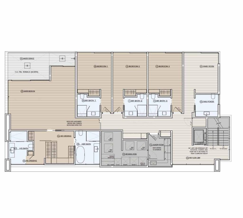 FIRST LEVEL 2,395 SF+/- Master Bedroom with Terrace, His/Her Bathrooms and His/Her Closets 3 Bedrooms with Built-in Closets and Full Bathrooms Family Room