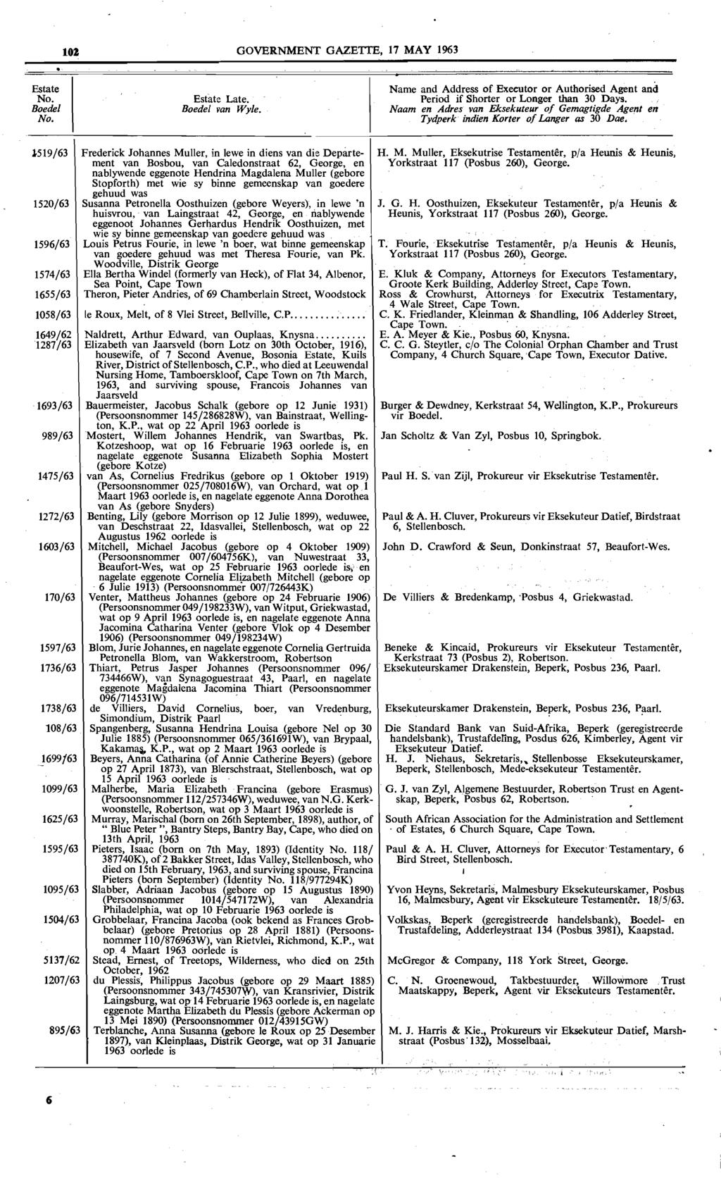 10:1 GOVERNMENT GAZETTE, 17 MAY 1963 Estate Name and Address of EXecutor or Authorised Agent and No. Estate Late. Period if Shorter or Longer than 30 Days. Boedel Boedel van Wyle.