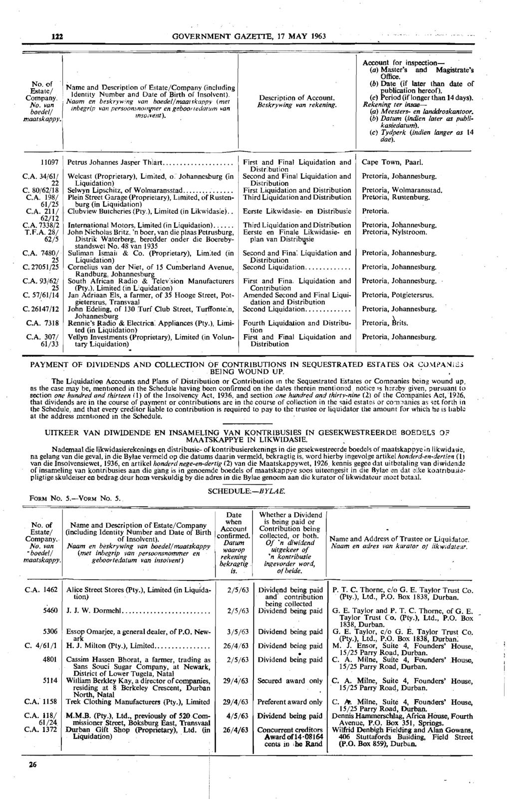 12% GOVERNMENT GAZETTE, 17 MAY 1963 No. Qf Name and Description or Estate/Company (including c~a~ty Identity Number and Date of Birth of Insolvent) o Description of A<;count. p n'. Naam en beskryw!