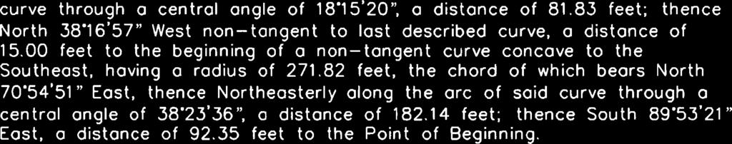 83 feet; thence North 38'16'57" West non-tangent to last described curve, a distance of 15.00 feet to the beginning of a non-tangent curve concave to the Southeast, having a radius of 271.