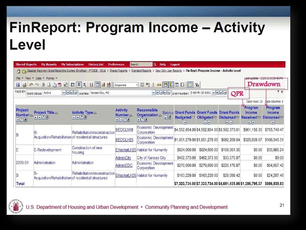 The Reports Module in DRGR enables the user to create standard reports that display easy-to-read information based on the data a grantee has entered into DRGR.