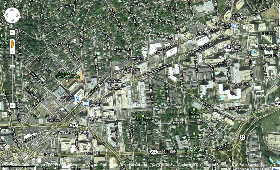 Courthouse area outlined (in purple) (Google Maps, 2011d, Arlington County Department of Community Planning, Housing, and Development b,