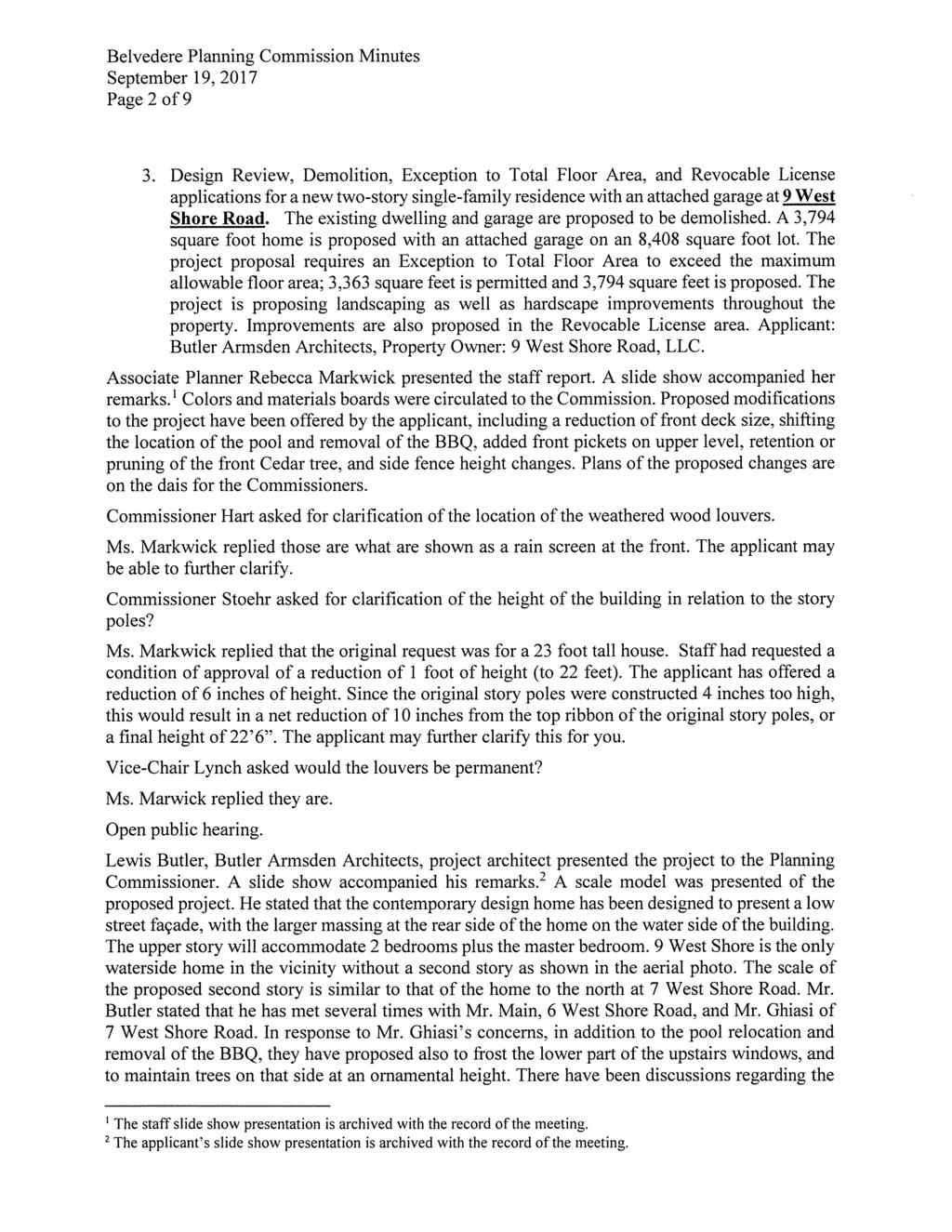 Belvedere Planning Commission Minutes Page 2 of9 3.