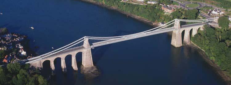 Menai Suspension Bridge 1826 Construction consisted of: concrete towers on both sides of the strait.