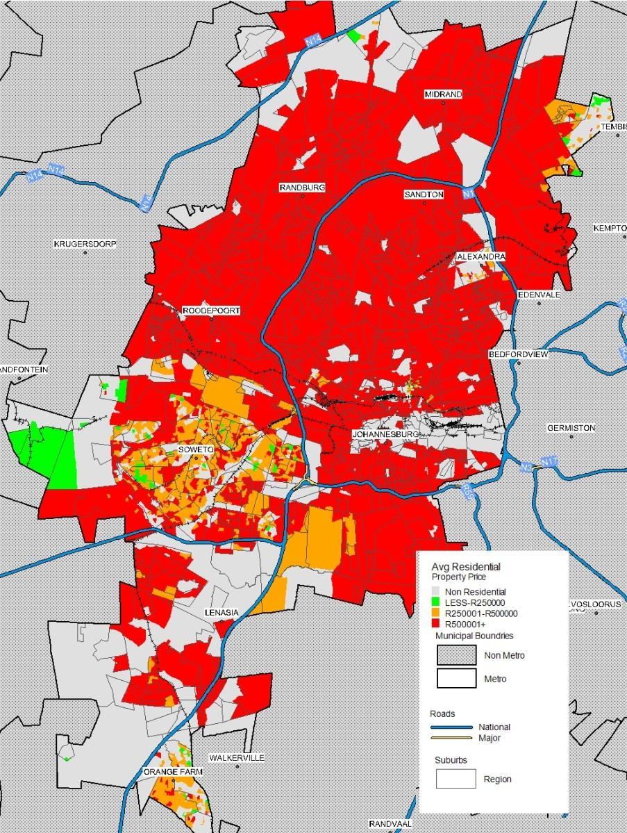 Location of affordable suburbs 14 Johannesburg s affordable suburbs are moderately well-located The map reflects the distribution of predominantly residential suburbs by average property value