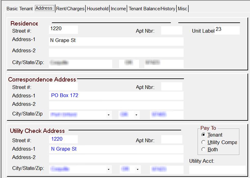 Tenant Addresses Page This page contains the tenant s Residence Address, Correspondence Address, and Utility Check address.