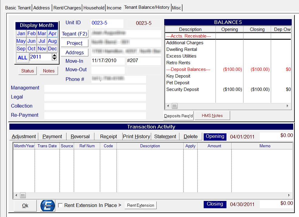 Tenant Balance History Page The Tenant Balance History tab brings the information from Transactions, Display Balances where you can enter payments,