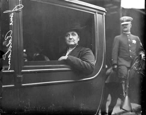 Jane Addams sitting in an automobile. 1915. Chicago Daily News Inc.