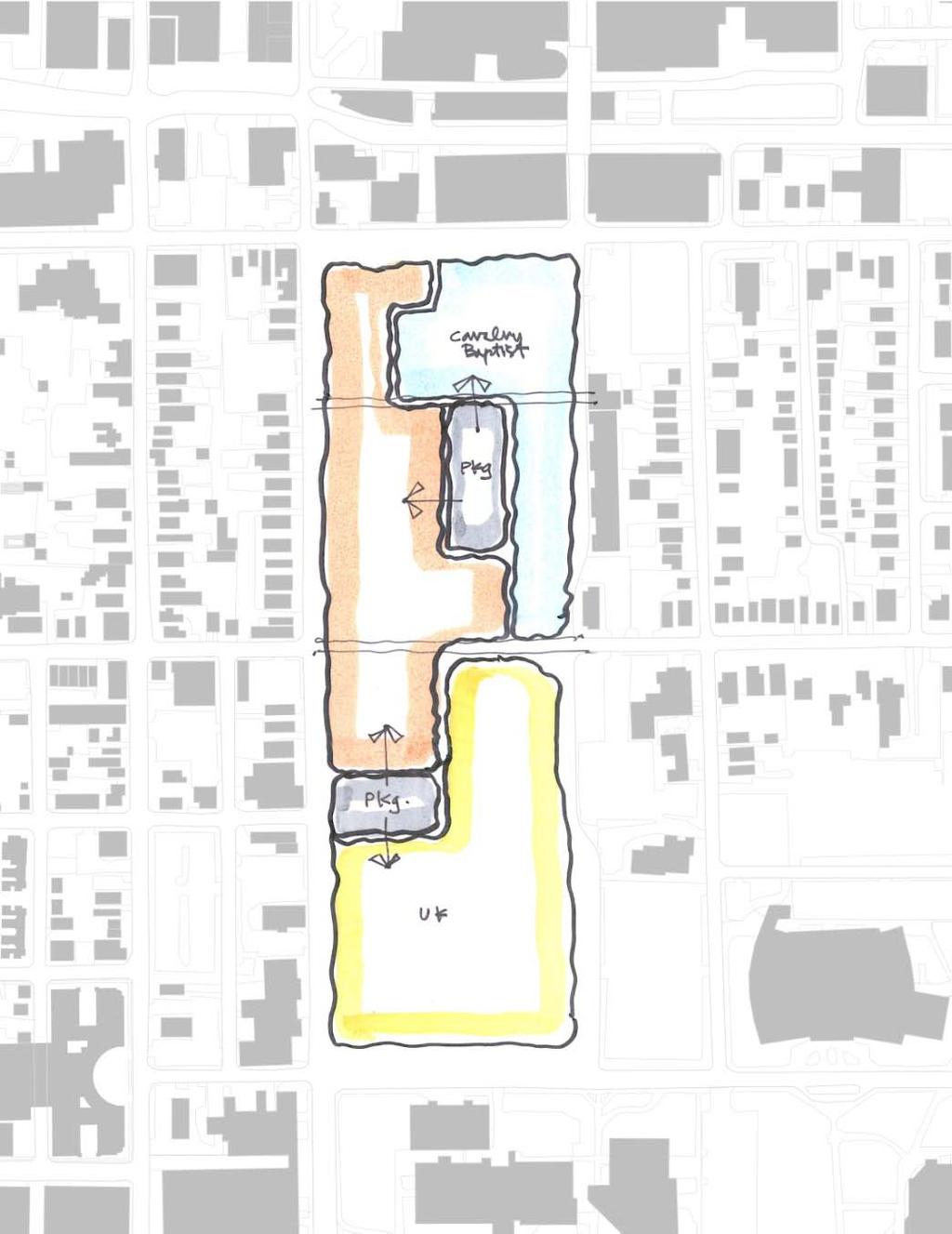 Option 3 Land use Locating the garage in the center of the block conceals it from the public realm of the street.