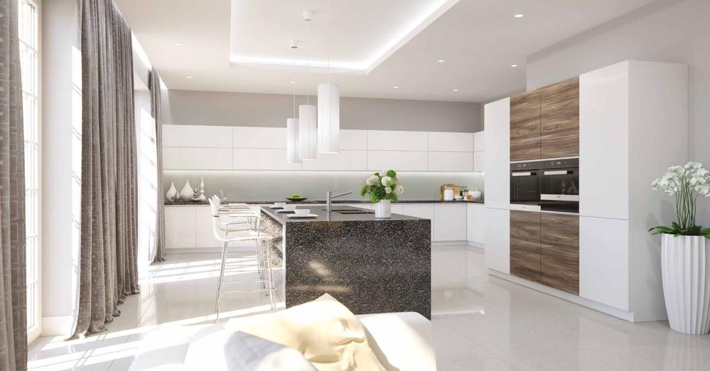 KITCHEN & LIVING AREA The kitchens at Eleven Trees include high end appliances from leading brands such as Miele and quartz worktops, with a centre island and extensive range of