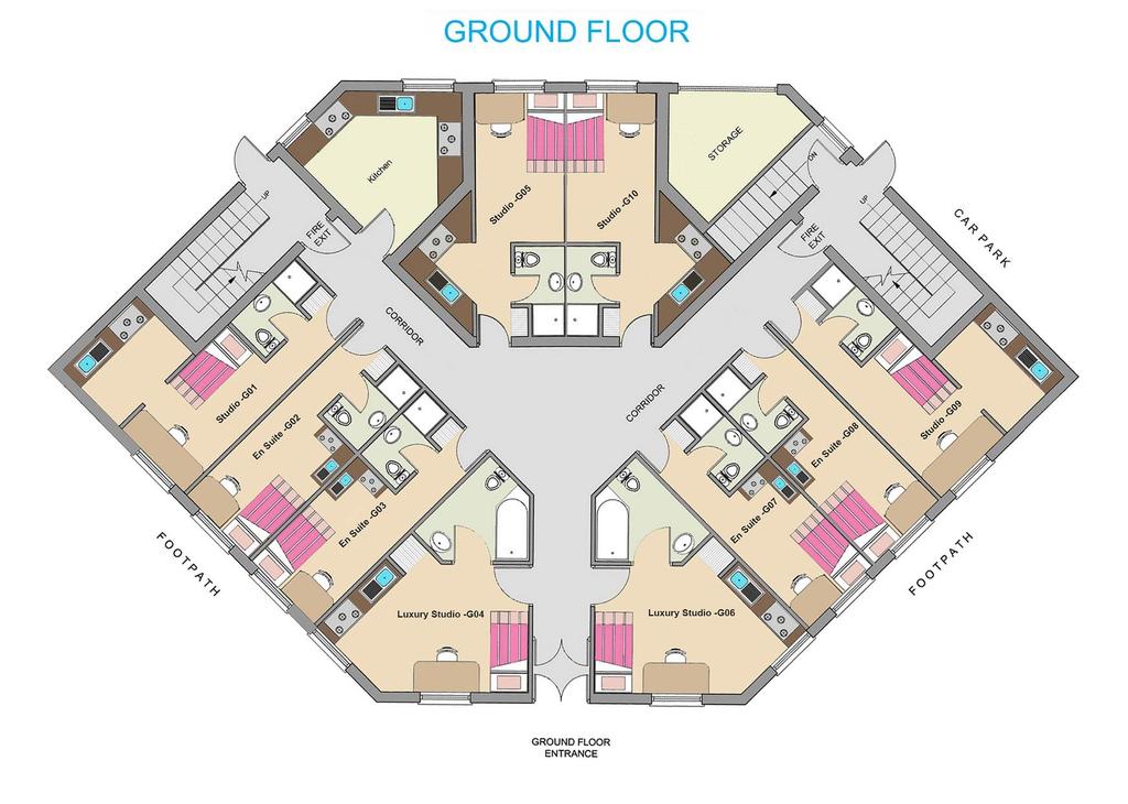 Floor Plans Ground Floor: Available Rooms 4 x En-Suite = 95.00 per week 6 x Studio = 110.