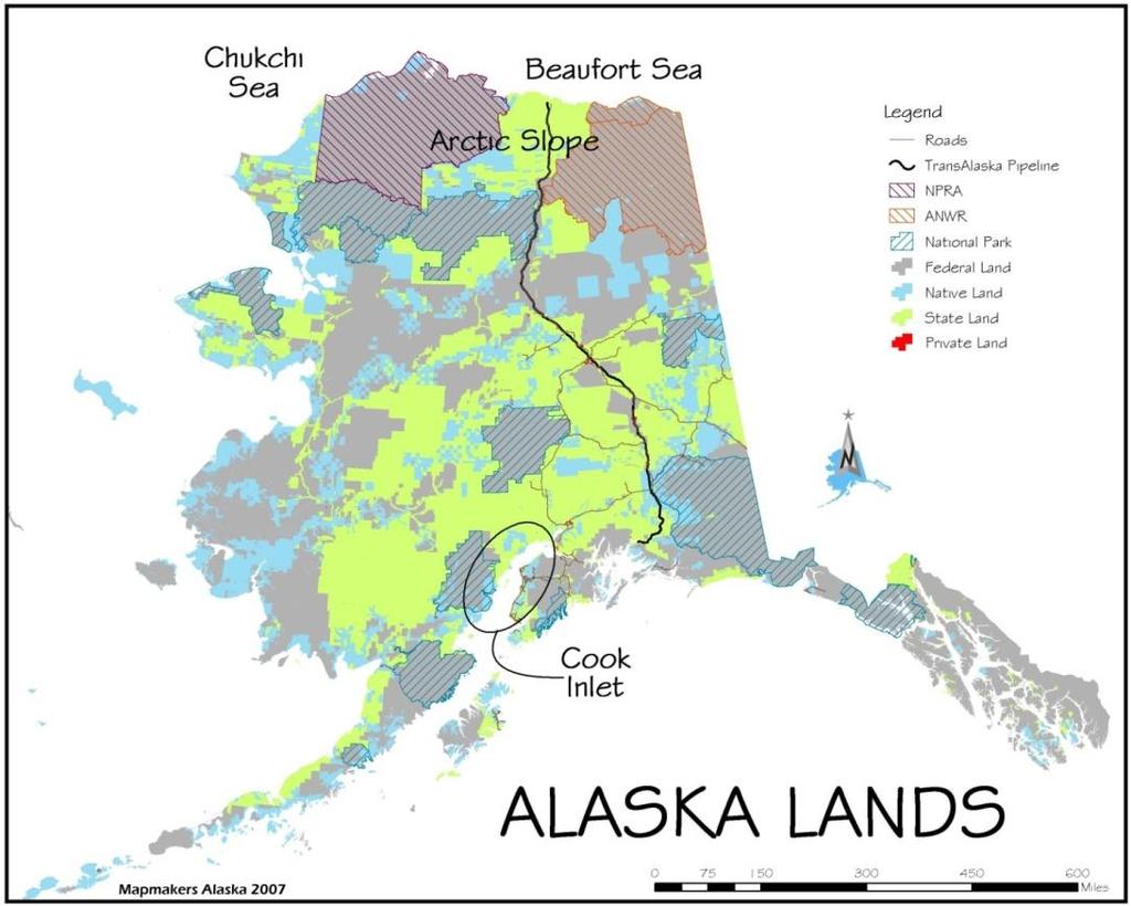 Land Ownership in Alaska BLM 22% Private 1% Native 11% State 25% Natl Refuges 19% Natl Parks 15% Natl Forest 6% Other Federal